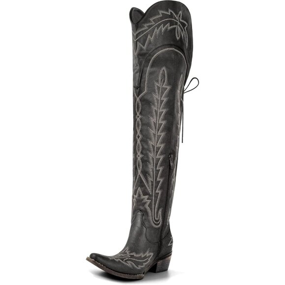 Women's Black Over the Knee Cowboy Boots Adjustable Thigh High Cowgirl Boots - Picture 6 of 6